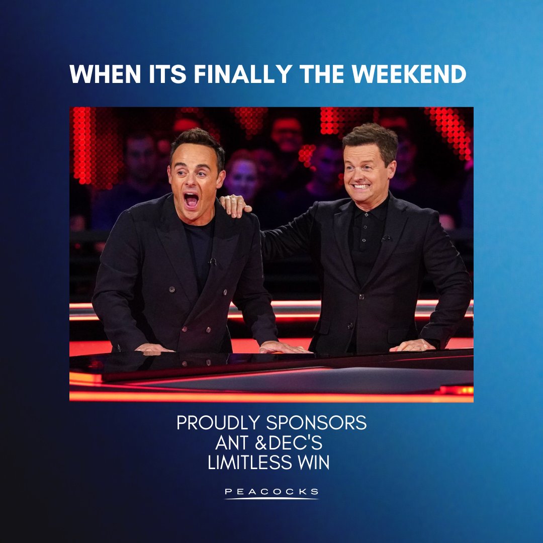 peacocks's tweet photo. After the longest week ever! Its finally the weekend 😍
We are proud sponsors of Ant and Dec's Limitless Win 🌟 who is tuning in to watch tonight?
Set your reminders for 8.30 tonight 📺💷
#limitlesswin #itv #sturdaynighttv #theweekend #itsfinallytheweekend https://t.co/bmZbsa5lms