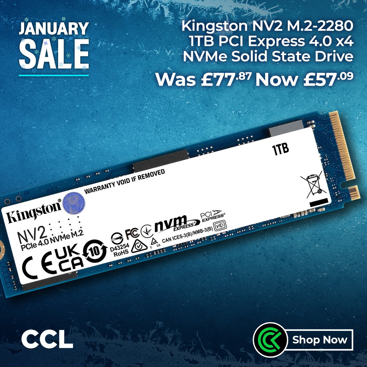January Sale Now On ❄⁠
⁠
Kingston NV2 M.2 2280 1TB PCIe 4.0 NVMe SSD ⚡⁠
⁠
Give your system the boost it needs with this high-performance SSD now available for as little as £57.09 💰⁠
⁠
Get yours now 🛒
cclonline.com/snv2s-1000g-ki…

#KingstonTechnology #KingstonIsWithYou