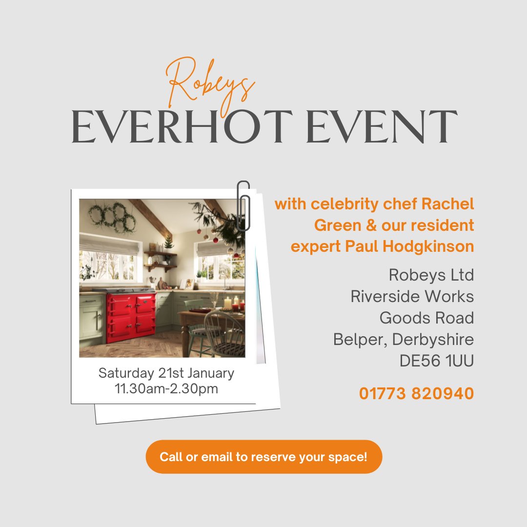 We will be hosting an Everhot Cooker event on Saturday 21st January at 11.30am! Join us and our resident expert in discussing all things Everhot, and sample some delicious food with chef, Rachel Green👨🏼‍🍳

To book your place, please call us on 01773820940 or email paul@robeys.co.uk