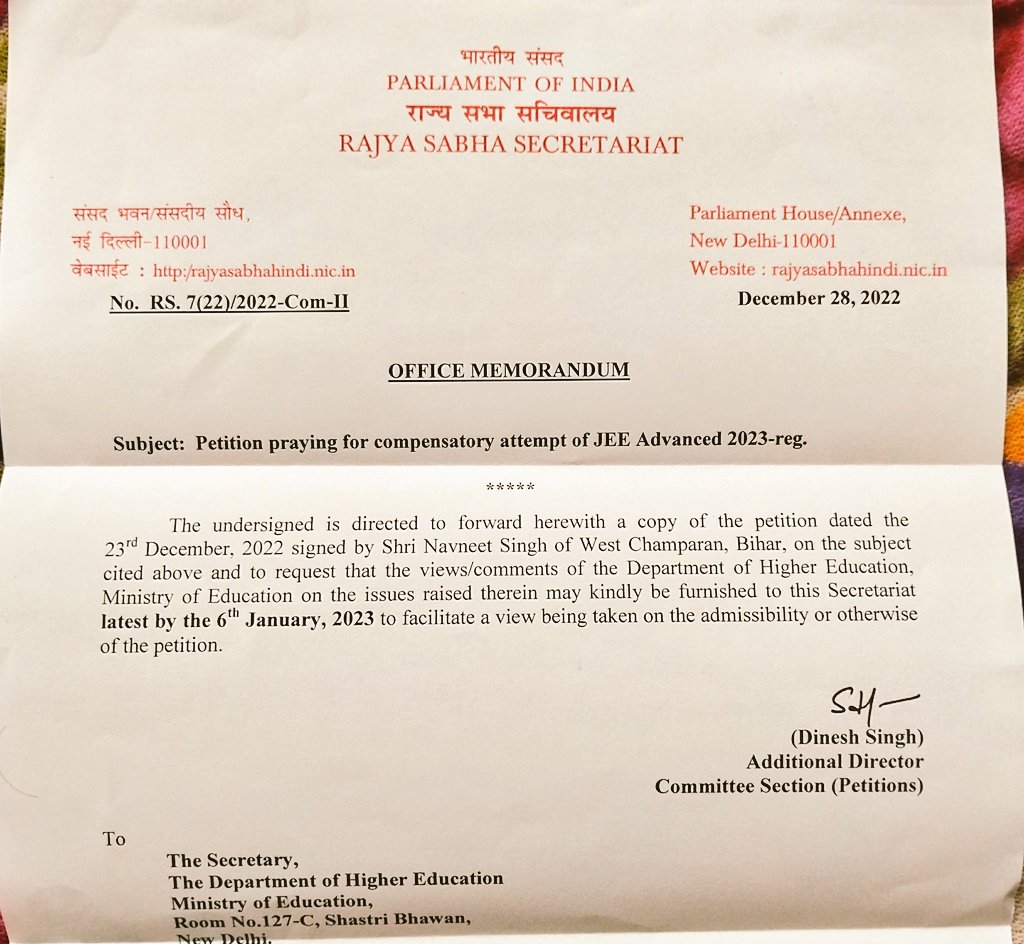 Official_AISU's tweet image. Rajya Sabha has forwarded the petition praying for compensatory attempt in JEE Advanced 2023 to @EduMinOfIndia for comments on issue raised in petition. 
@ImNavneetSingh1 

#JEEAfterBoards #iitfor21 
#JEEAdv2023For2021Passouts