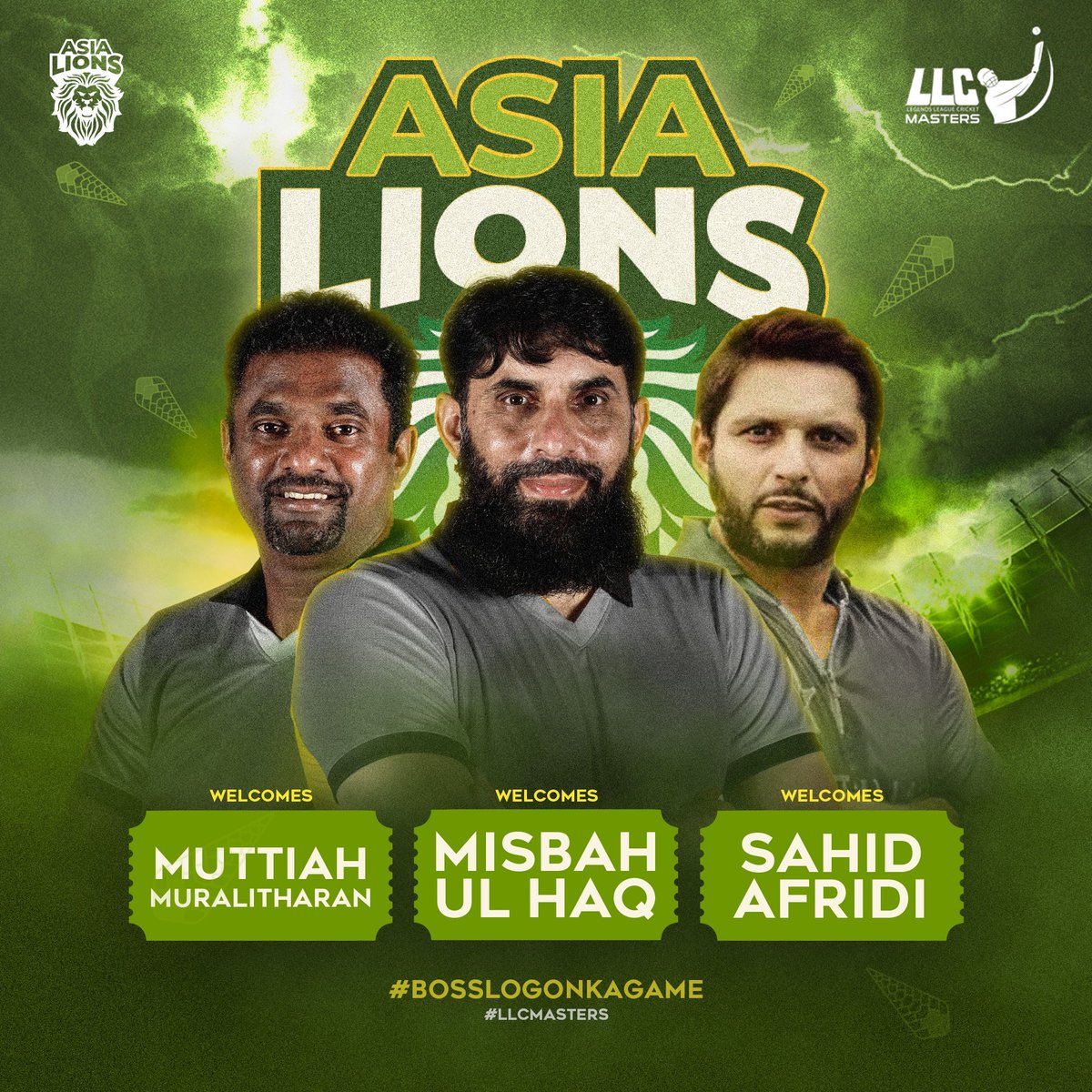 The Legends are ready to roar! Welcome to the team @captainmisbahpk @SAfridiOfficial @Murali_800 #LegendsLeagueCricket #LLCMasters #BossLogonKaGame