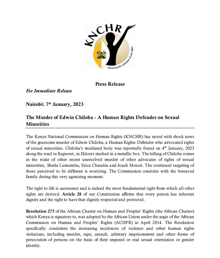 HakiKNCHR's tweet photo. The Kenya National Commission on Human Rights (KNCHR) has noted with shock news 
of the gruesome murder of #EdwinChiloba, a Human Rights Defender who advocated rights 
of sexual minorities. 
🧵A Thread https://t.co/oj7q96Ber9