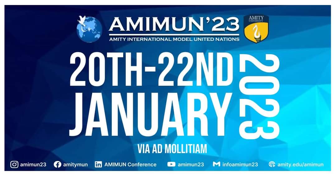amimun23's tweet photo. AMIMUN has been known for it's ability to consistently keep up with the constant change that is the essence the Model UN community.
The Secretariat is pleased to announce the dates for AMIMUN 2023:20th-22nd January, 2023 #amimun23 #viaadmollitiam #UnitedNations #ModelUN https://t.co/vJvfKxJFMn