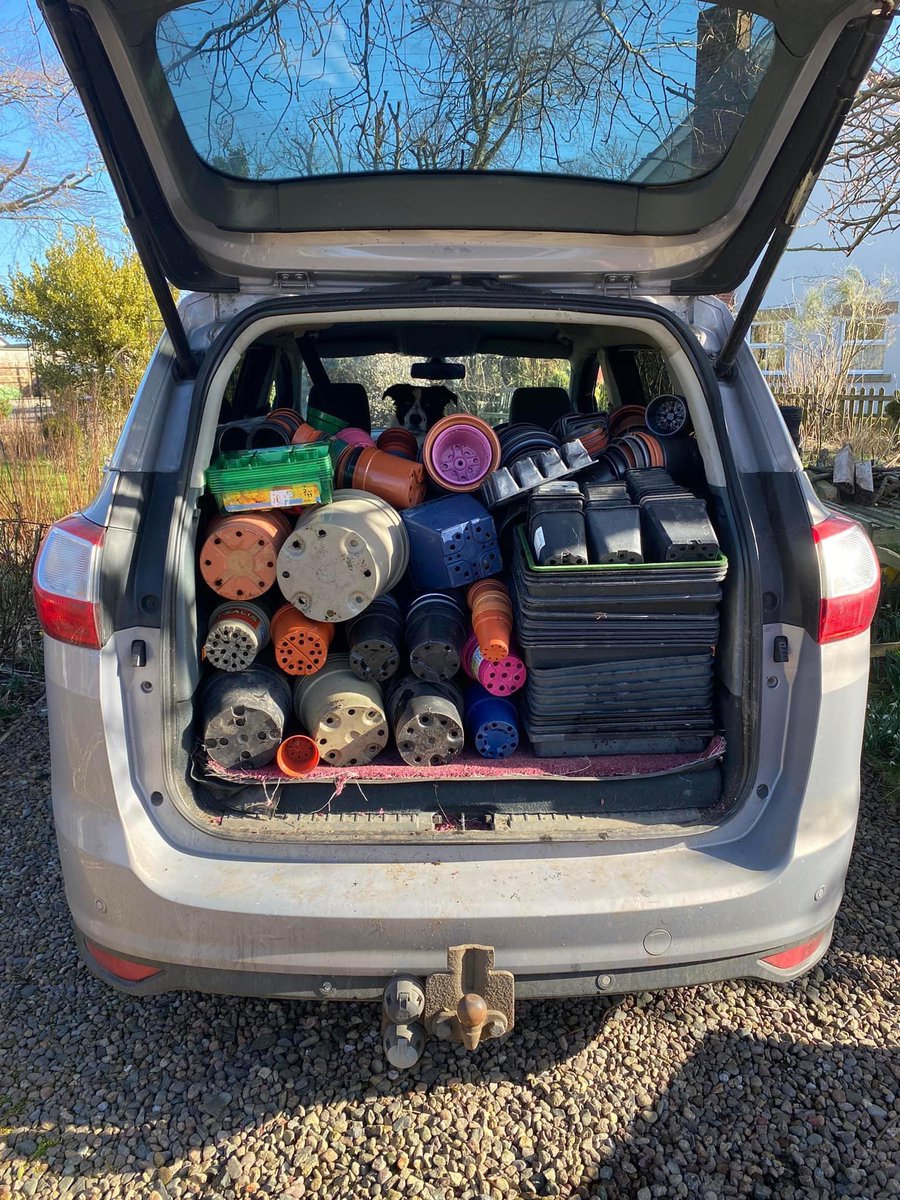 PlantPotShed's tweet photo. @higgledygarden @suebeesley @SallyNex Pity you aren’t closer. I run a Plant Pot Shed. People drop them off, I sort them into size &amp; shape. Anyone welcome to take as many as wanted, whenever. Photo of shed, I also have overflow areas. &amp; someone collecting. Spot the dog. Could I post to you? Would love PPSs all over! https://t.co/woUYd1dcf1