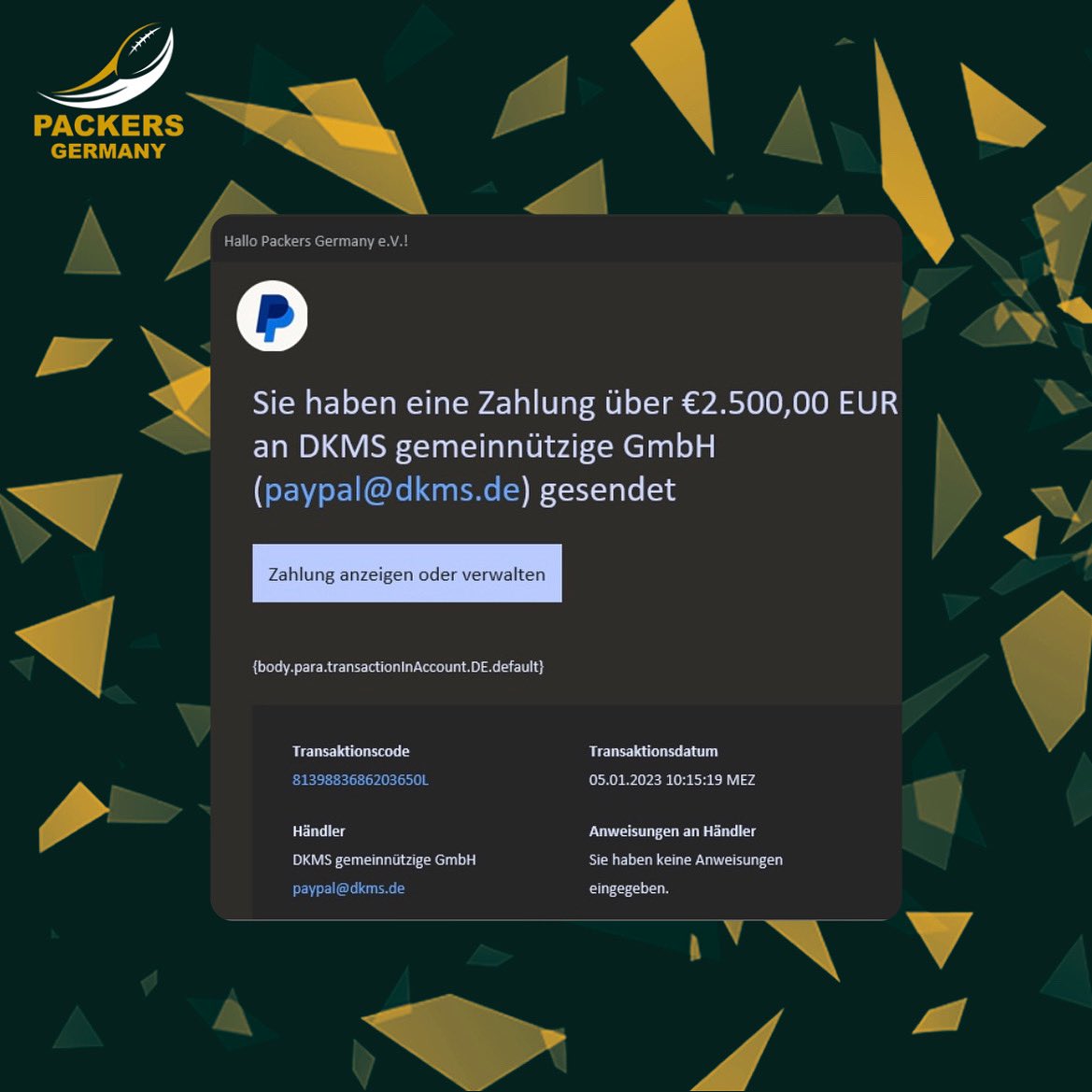 PackersGermany's tweet photo. 2500€ an die @DKMS_de übergeben.

Diese Woche haben wir den ersten Teil der Erlöse aus unserer Charity Weihnachtsverlosung übergeben.

Seid ihr auch schon als Spender bei der DKMS registriert?

Tut nicht weh und dauert nichtmal 5min. Leben retten kann so einfach sein!

#ranNFL https://t.co/GhcaSvYYfy