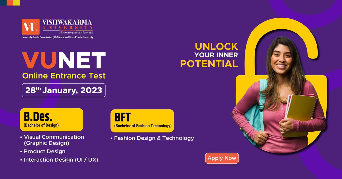 VU_Connect's tweet photo. The time to #APPLYNOW!
Admissions for #ArtandDesign #courses are now open for the #2023batch! Apply for the last round of the #VUNET today!
#VishwakarmaUniversity #Pune offers futuristic #academicprogrammes
https://t.co/nras5nwqCD
#entranceexam #designstudent #bestuniversity https://t.co/JamwICn9KP
