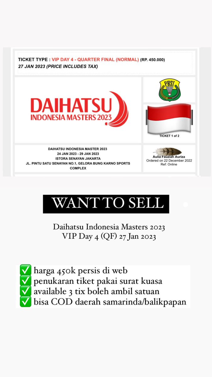 isnavia_'s tweet photo. WTS // WANT TO SELL // DIJUAL

3 tiket VIP day 4 (QF) Daihatsu Indonesia Masters (DIM) 2023, harga normal sesuai web
Minat DM aja🙌🏻

#WTS #WANTTOSELL #DIM #DaihatsuIndonesiaMasters2023 #WTB #WTT https://t.co/KtEYnaiYIL