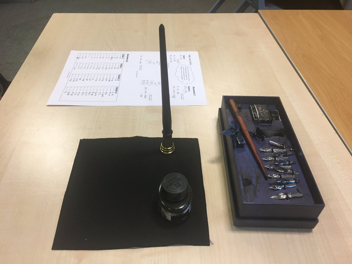 mathingabout's tweet photo. Popped into a maths classroom and discovered a young Year 7 student sat at his table with his ink pen, ink bottle and essential nibs! How wonderful to see! https://t.co/AwsfwD99WQ