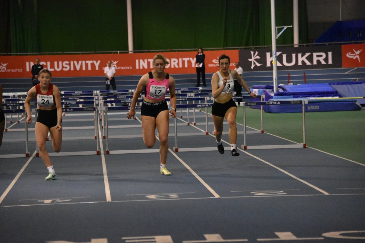 Scotland's Amy Kennedy was fastest in the second heat of the U20 pentathlon hurdles with a PB of 9.12. Millie Hardy just behind also with a PB of 9.14.