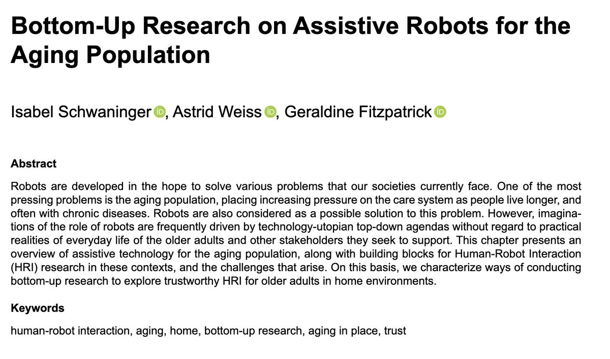 Great artricle on bottom-up #robotics for aging populations by I. Schwaninger, A. Weiss &amp; <a href="/geri_fitz/">Geri Fitzpatrick (@gerifitz@hci.social)</a>! #HRI #care #robotgirl 

library.oapen.org/bitstream/hand…
