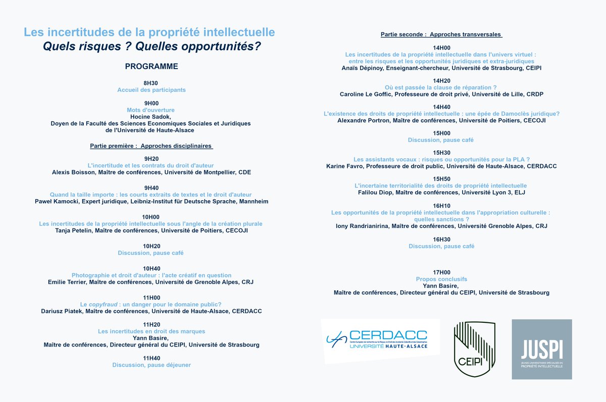 Les inscriptions toujours ouvertes ! Le <a href="/jac_cerdacc/">JAC Journal des Accidents et des Catastrophes</a> et <a href="/Les_Juspi/">Juspi</a>  organisent un colloque abordant les incertitudes de la propriété intellectuelle. Venez nombreux.