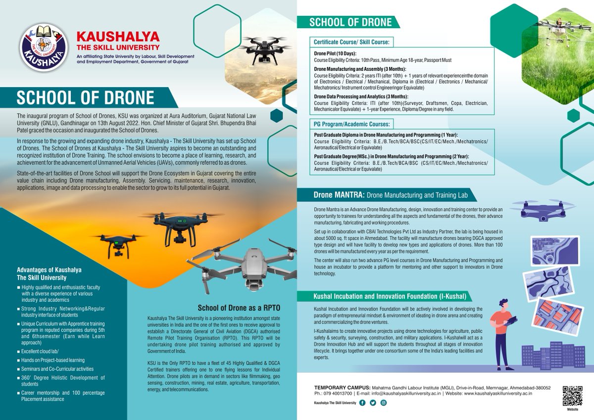 In response to the growing and expanding drone industry, <a href="/KSUGOG/">KAUSHALYA THE SKILL UNIVERSITY</a>  has set up school of drone.The school of drones at Kaushalya – The Skill University aspires to become an outstanding and recognizing institute of drone training. For more information visit- kaushalyaskilluniversity.ac.in