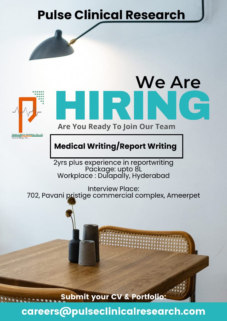 PulseCRofficial's tweet image. #Hiring #MedicalWriting #ReportWriting

Send your CV
careers@pulseclinicalresearch.com

For Details Contact: +91 8897745045

#PCR #PulseClinicalResearch #Job #Hyderabad