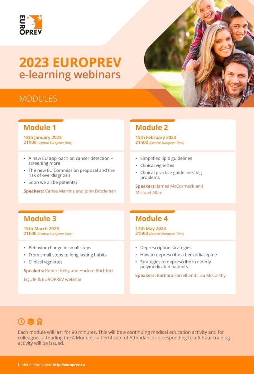 EUROPREV e-learning webinars 2023 🥰
This is a FREE medical education activity. You may register here
europrev.eu/webinars-regis…
During the webinars, participants will be able to participate &amp; share their comments or questions through the chat platform
@vdgmeu <a href="/VdGma/">EYDFM Spain</a> <a href="/EQuiP_Quality/">EQuiP</a>