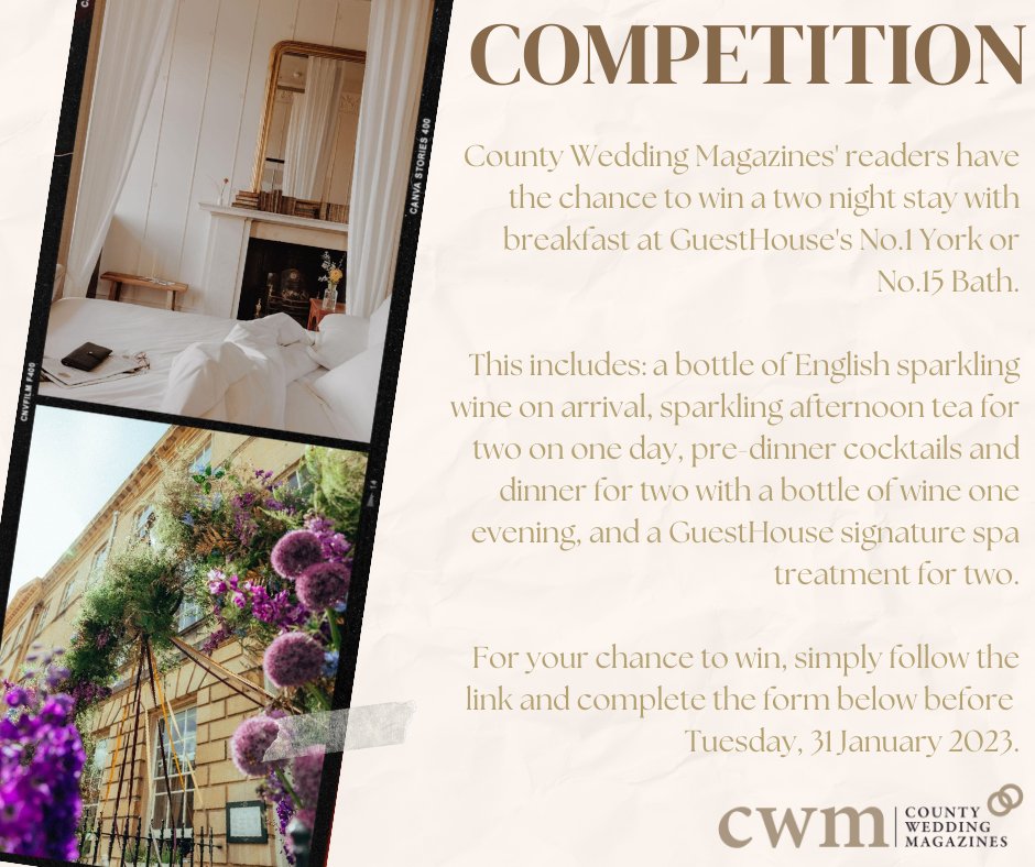 ✨ COMPETITION✨ #WIN a minimoon in the UK worth up to £2,000 For your chance to win, simply answer the following questions and complete the form on our website: county.wedding/competition/76… The closing date is Tuesday, 31st January 2023. so be quick not to miss out!