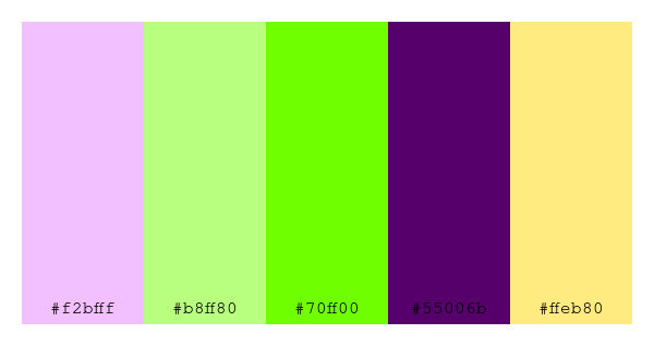 ColPaletteBot's tweet photo. Beep beep, here's a pretty color palette for you!
color-scheme.js parameters used:
- hue: 306
- variation: default
- colors: #f2bfff, #b8ff80, #70ff00, #55006b, #ffeb80
Have a lovely day!
#twitterbot #colorpalette #colors #palette #prettycolors https://t.co/ddL63pA0J1