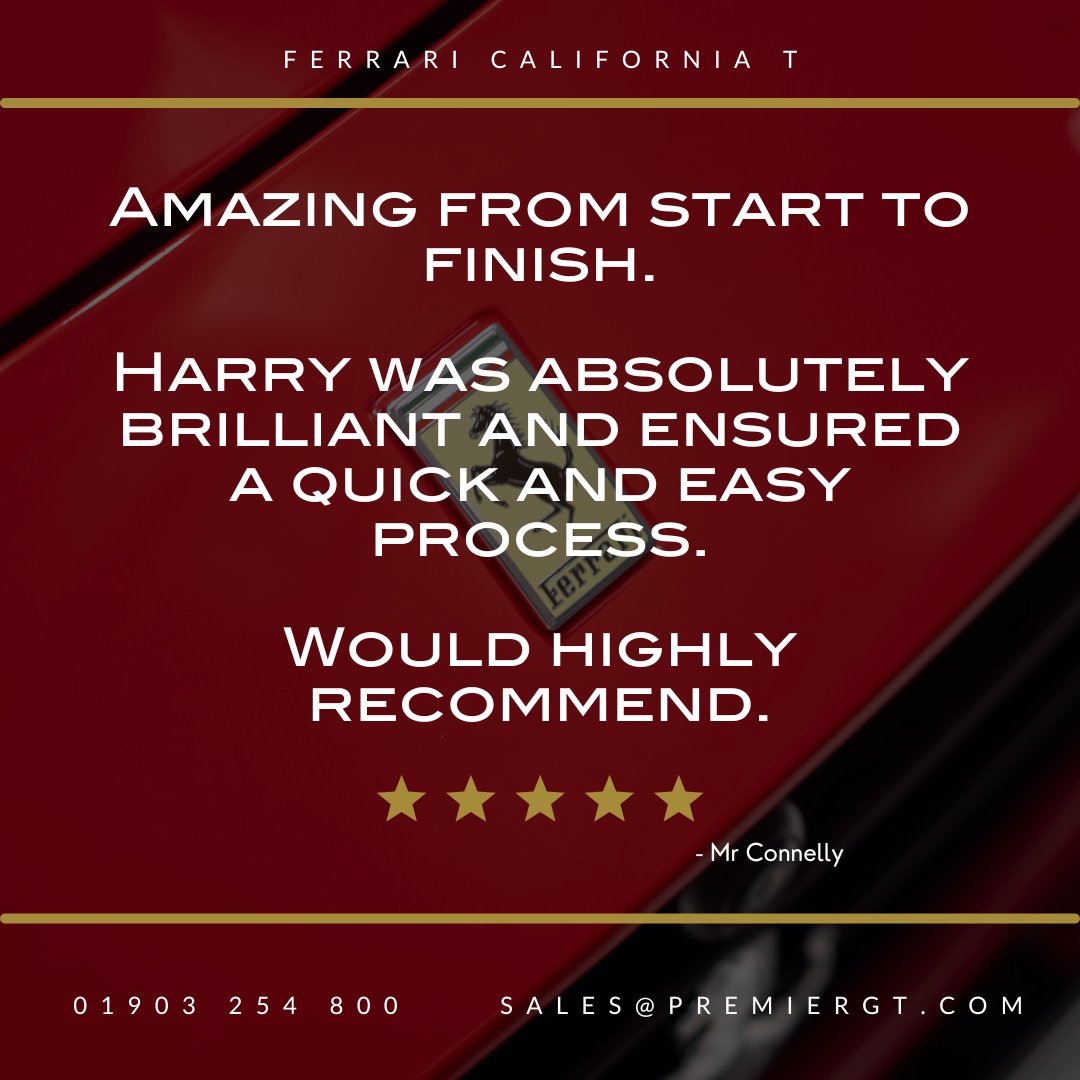 Premier_GT's tweet photo. "Amazing from start to finish." ⭐️⭐⭐⭐⭐
️️️️Another 5 star review from a very happy Premier GT Customer. 🤝
#CarSale #fivestar #review #supercars #superdealer #ferrari #ferrariforsale #premiergt https://t.co/Swiq46HaZj
