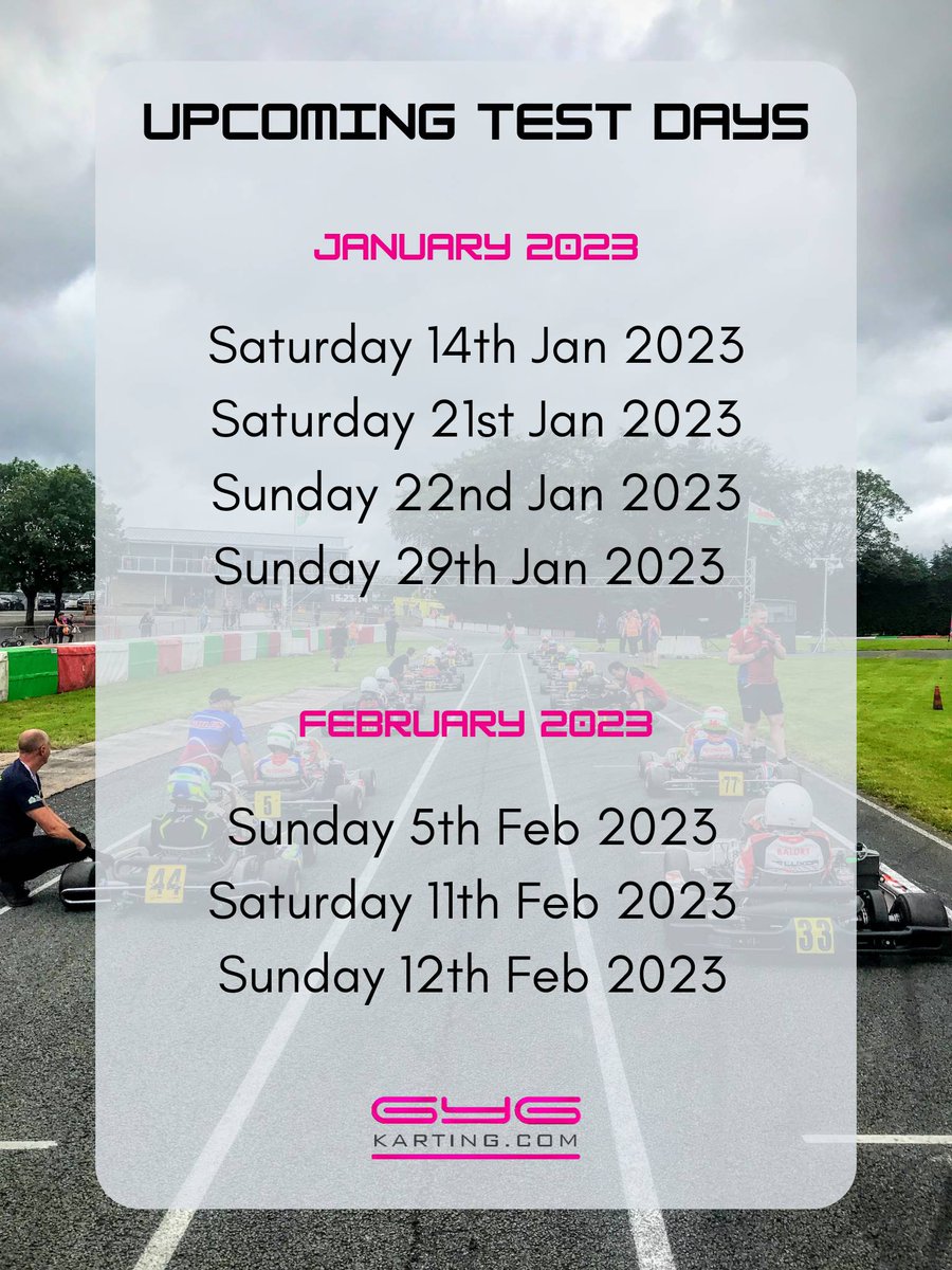 ❗️UPCOMING TEST DAYS!!!😍

🗓Mark your calendars and get ready for the awesome race season ahead!⭐️

Please book your test day online at: gygkarting.com

#raceseason #testday #inittowinit #karting