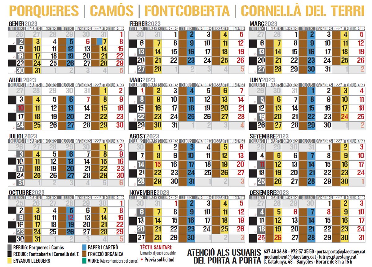 AjCornellaTerri's tweet image. CALENDARI DE RECOLLIDA ♻️

Amb el 2023 ja encetat, us portem el calendari que seguirà la #recollida #selectiva enguany a #CornellàdelTerri i a tota la comarca ‼️🗑

Guardeu-vos-el a mà per consultar-lo sempre que tingueu dubtes sobre quina fracció de reciclatge toca cada dia 😉👇🏻