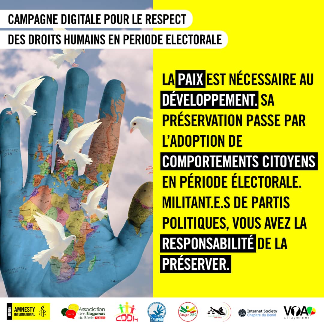 La paix est nécessaire au développement. Sa préservation passe par l’adoption de comportements citoyens en période électorale. Militant.e.s de partis politiques, vous avez la responsabilité de la préserver.

#Vote229 #paix  #election