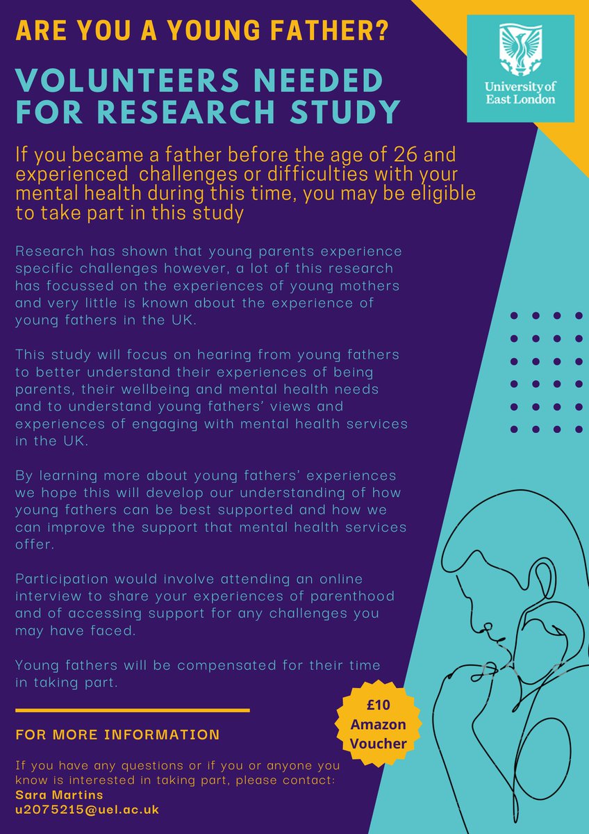 Research volunteers still needed for my doctoral thesis on the experiences of #youngfathers

If you were a #youngdad and would like to share your experiences please get in touch!

 #dadsmatter #youngparents #dadsmentalhealth