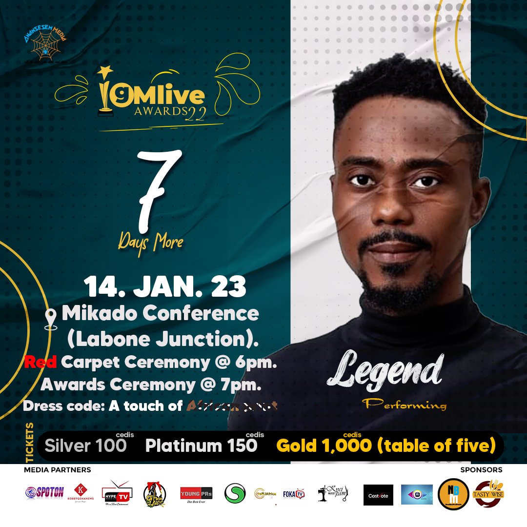 BaahMultimedia's tweet photo. 7 days to go 
Gmlive awards22
#gmlive 
#gmliveawards22 
#comedyaward 
#comedy 
#comedians 
@Nathanielquay 
@legend https://t.co/3xoDckpX3E