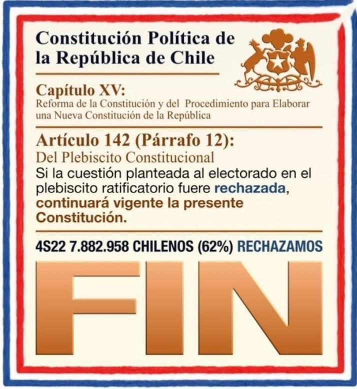 <a href="/Diego_Schalper/">Diego Schalper 🇨🇱</a> Y tu debes explicarle al 62% que rechazó el mamarracho por que tu junto a los demás "Cocineros de la Politica" no respetaron el articulo 142 y nos quieren imponer un nuevo proceso constituyente sin un plebiscito de entrada.