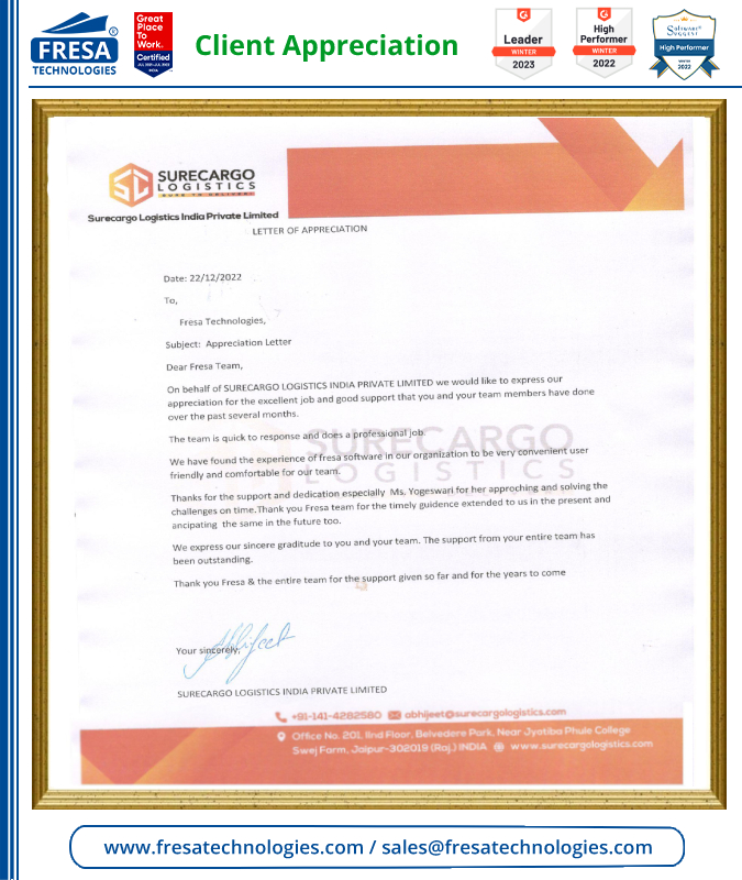 fresatechnology's tweet photo. On behalf of SURECARGO LOGISTICS INDIA PRIVATE LIMITED, we would like to express our appreciation for the excellent job and good support that you and your team members have done over the past several months.
#fresa #surecargologistics #Client_Appreciation #BestERPSoftware https://t.co/3zeWlstEjI