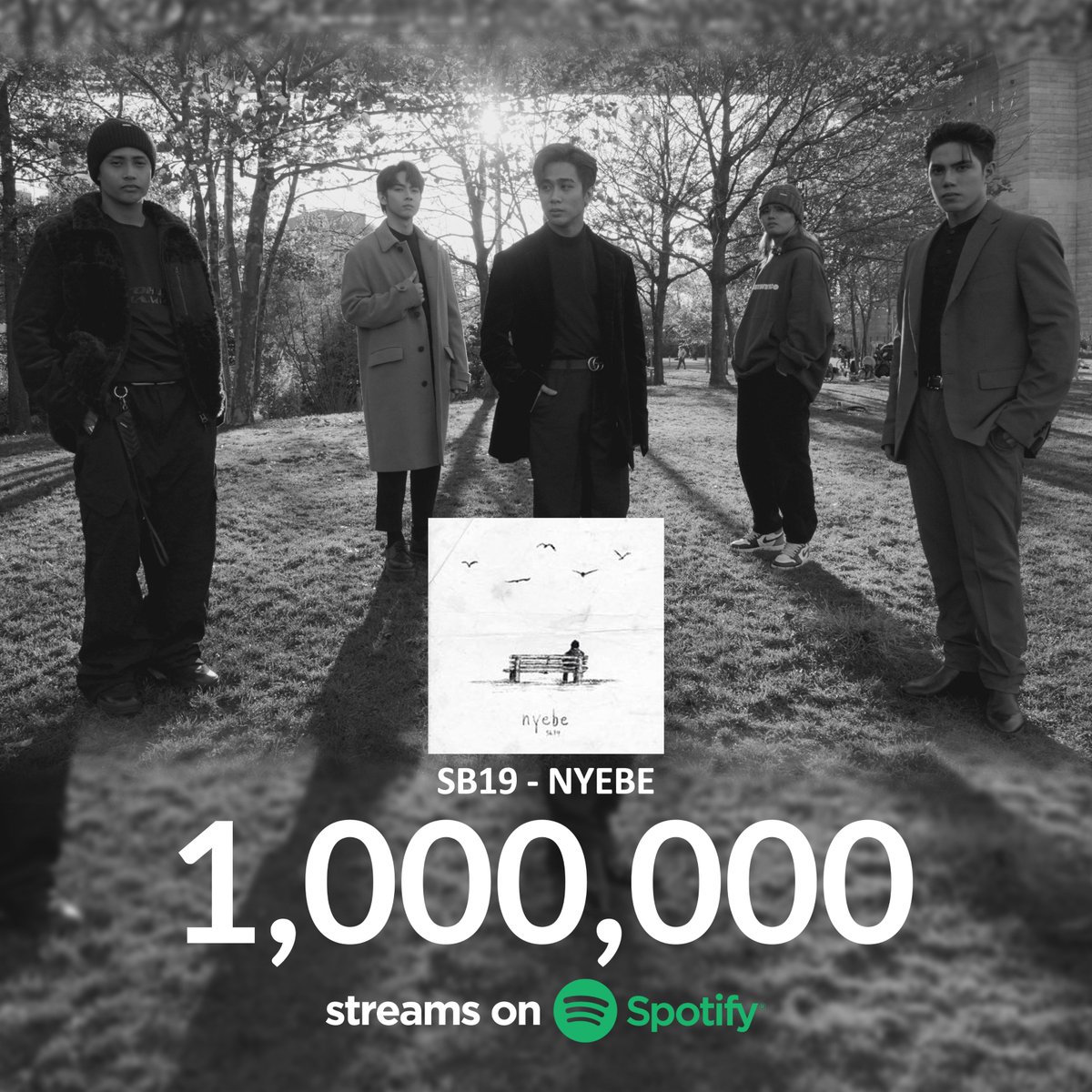 We've reached 1 million Spotify streams. 🤗 We hope the song continues to comfort you when you need it. 
 
🎥 Official Visualizer: youtu.be/ulCVb13Z6yk     
💿 Listen on streaming platforms: lnk.to/SB19-Nyebe       
   
#SB19 #SB19Nyebe
#SB19Nyebe1MonSpotify