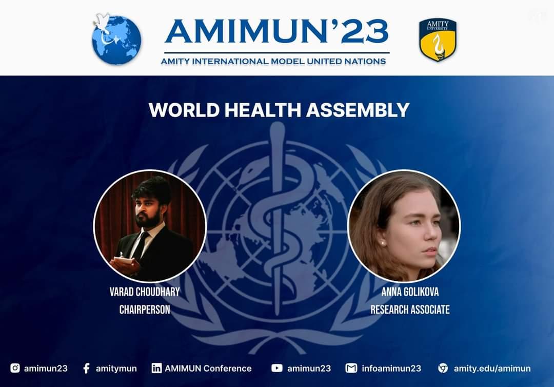 amimun23's tweet photo. World Health Assembly (WHA)-

Agenda- The Energy Transition and its Impact on Public Health

Executive Board-
Chairperson: Varad Choudhary
Research Associate: Anna Golikova

#wha #worldhealthassembly #mun https://t.co/tOanMxkjMI