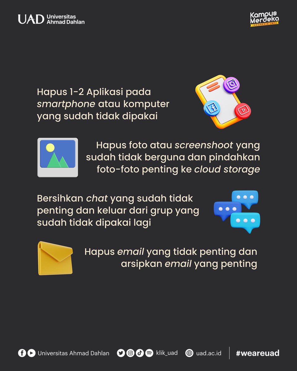 klik_uad's tweet photo. Bersihin kosan udah, bersihin hati juga udah kira-kira bersihin apalagi nih? π€
-
Hmm gimana weekend ini beberes digital.Yuk ikutin cara-cara berikut ini agar Komputer dan Hp kamu bisa kembali seperti semula! β¨
-
#uad #uadjogja #muhammadiyah #tips #weekendproduktif https://t.co/9jmkzTtjre