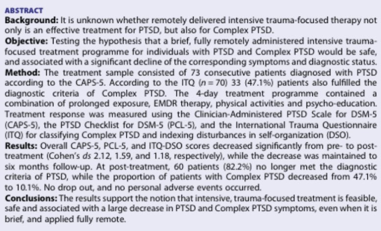 Heb je de diagnose Complexe #PTSS? Weet dan dat deze aandoening goed te behandelen is. In een studie vonden we dat in ons 4-daags behandelprogramma, dat volledig online werd uitgevoerd, meer dan 80% niet meer aan de diagnose PTSS voldeed. tandfonline.com/doi/full/10.10…