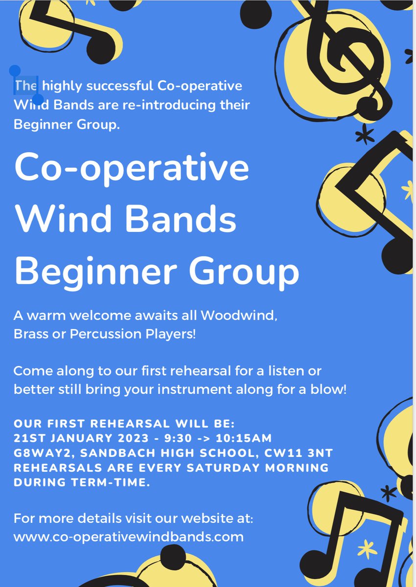 New Beginner Band starting in Sandbach - 21st January. If your child is learning to play in school and would like to be a part of a Band, then get in touch. co-operativewindbands@hotmail.co.uk