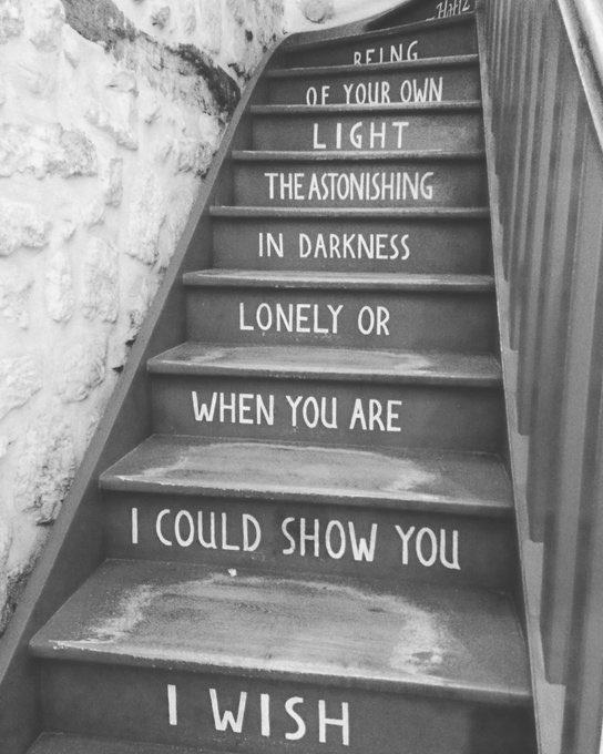Poesiaitalia's tweet photo. Le scale dalla libreria Shakespeare And Company a Parigi riportano la seguente frase:
“Vorrei poterti mostrare, quando ti senti solo o al buio, la straordinaria luce del tuo stesso essere.” https://t.co/tuGraExpiZ