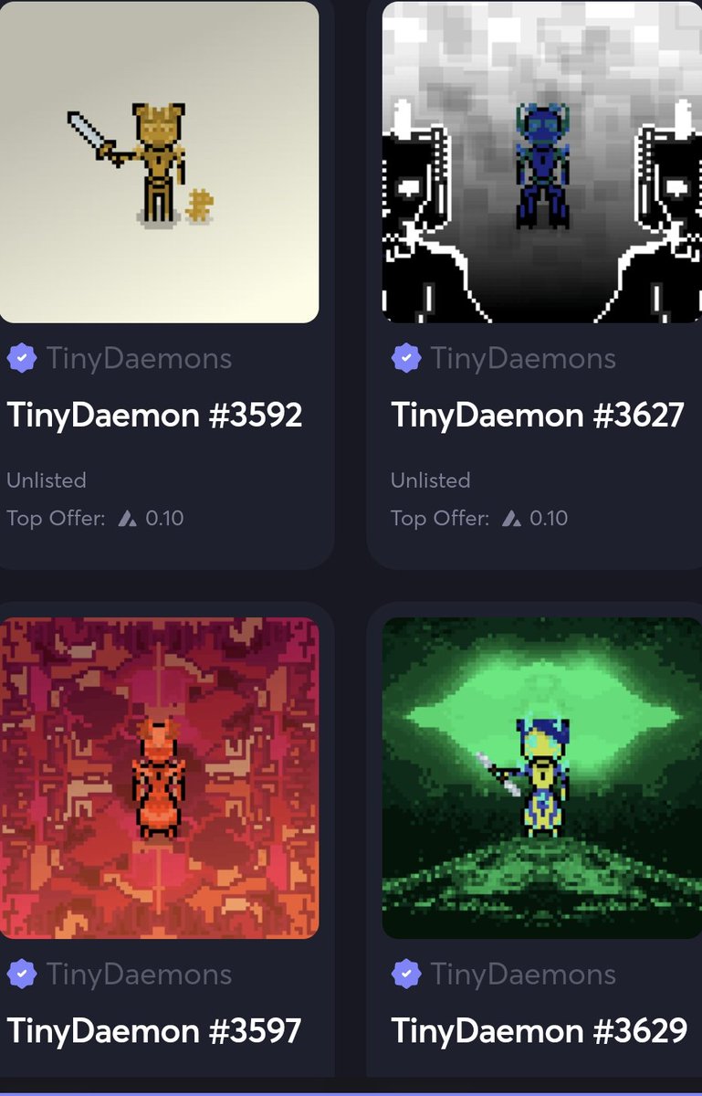 milesmuso's tweet photo. Utility?
Nah, not really.
Moon potential?
Negligible.
7 great pieces for 1 $AVAX in total?
Yep!
Compressed from the original #BitDaemon datastreams, these #TinyDaemons are miniature masterpieces, for 0.15 #AVAX
a piece.
Check them out!
https://t.co/oIrmQU9V43
@Luciano_NFT https://t.co/5sSIZAVwmC