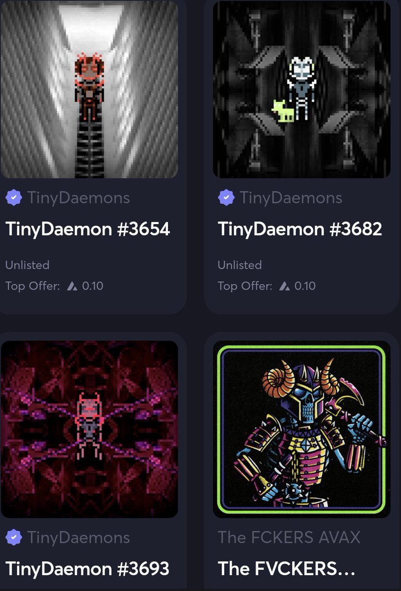 milesmuso's tweet photo. Utility?
Nah, not really.
Moon potential?
Negligible.
7 great pieces for 1 $AVAX in total?
Yep!
Compressed from the original #BitDaemon datastreams, these #TinyDaemons are miniature masterpieces, for 0.15 #AVAX
a piece.
Check them out!
https://t.co/oIrmQU9V43
@Luciano_NFT https://t.co/5sSIZAVwmC