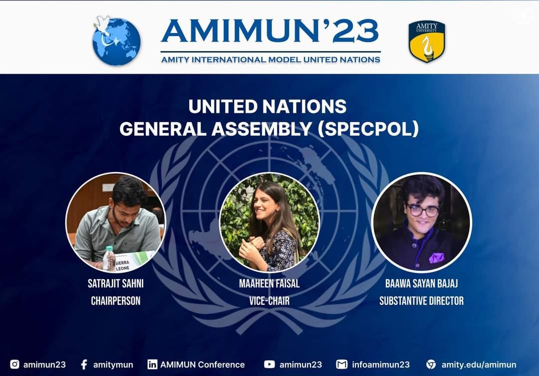 amimun23's tweet photo. United Nations General Assembly-IV (SPECPOL) (UNGA)-

Agenda: The Geneva Convention of 1949 and the Protection of Civilians during War.

Executive Board-
Chairperson: Satrajit Sahni
Vice-Chairperson: Maaheen Faisal
Substantive Director: Baawa Sayan Bajaj

#unga #specpol #modelun https://t.co/IS7wEOxBl2
