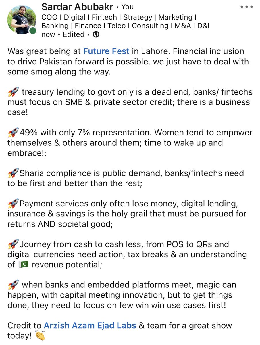 SardarAbubakr's tweet photo. Was great to be part of @FutureFestPK today & share thoughts on future of financial inclusion & role of fintechs, banks, regulators, & embedded finance platforms in driving 🇵🇰 forward. Key pts below. #futurefest #digitalbanking #fintech #mmbl #veon #dost https://t.co/IAIPqjbfY9