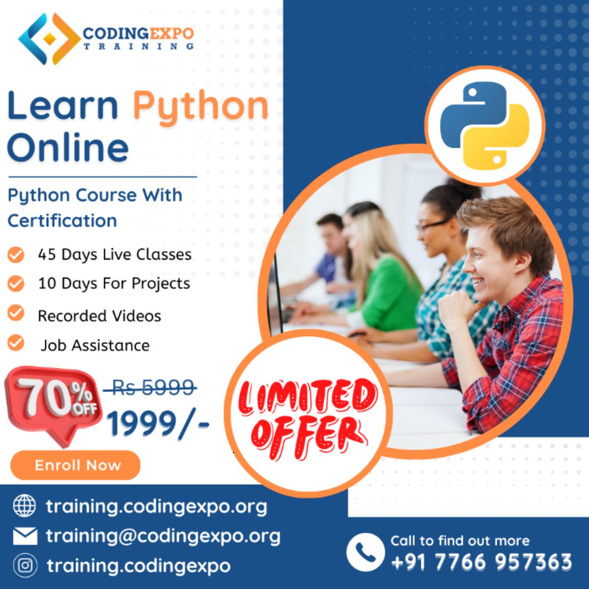 Do you want to learn a programming language and become a DEVELOPER? 🤔
Here is your opportunity!!!!!! 🧑‍💻
Python Certification Course is Now started... ☺️ 

#codingexpotraining #codingexpo #python #pythondeveloper #pythoncourse #pythonprogramming #pythonlearning #certificatecourse