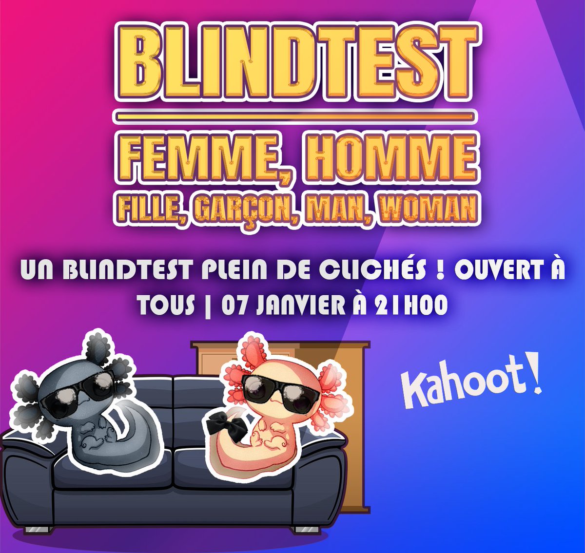 Bathyscaphe_Bar's tweet photo. Salut les Matelots !
Pour ce premier BLINDTEST de l'année nous partons sur le thème des clichés de genre ! Avec par exemple des titres comme "Femmes des années 80" ou encore "Men in Black". Ce soir 21h !
(Pas de réservations / Application gratuite Kahoot nécessaire pour jouer) https://t.co/BT8uD1Om1Z