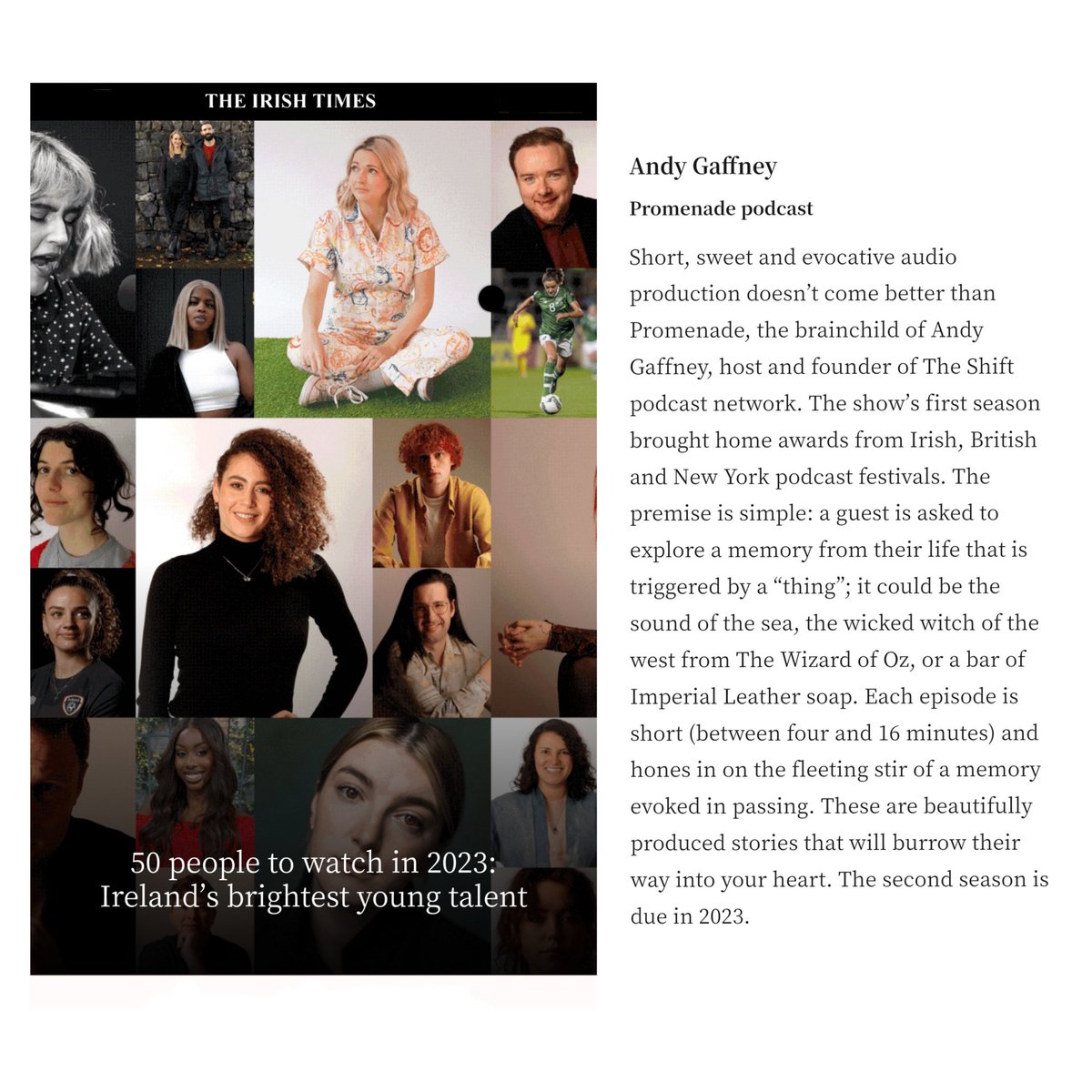 BeGrandAndy's tweet image. I’m not sure how this bodes for your year but a lovely thing to be included in @IrishTimes 50 people to watch list in 23. Promenade was a life changing thing and season two will be full of surprises when it hits.