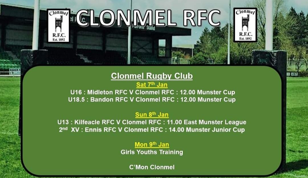 Best of luck to all of our current & past pupils playing with @ClonmelRFC this weekend #schoolandclub #community #MunsterStartsHere 
🏉🔴⚫️🏉🟢⚫️🏉⚫️🔴🏉