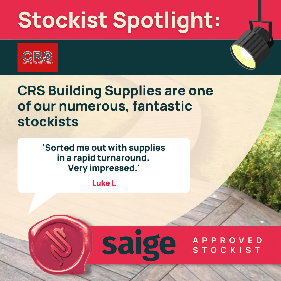 Looking for somewhere to purchase #Saige products?

CRS #Building Supplies are one of our fantastic #stockists.

'Sorted me out with #supplies in a rapid turnaround. Very #impressed.'
- Luke L

Find your nearest supplier on our website - compositedecking.co.uk/locate/