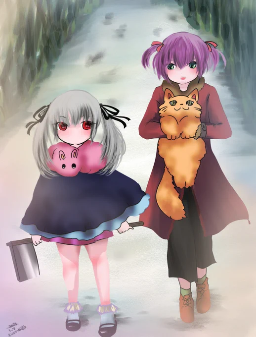 『迎春』うちの子で2023年一発目のイラストです姉妹です 背の小さいほうが姉(アリアナ)ネコちゃん抱えてるのが妹(ソリン)今年も宜しくです 