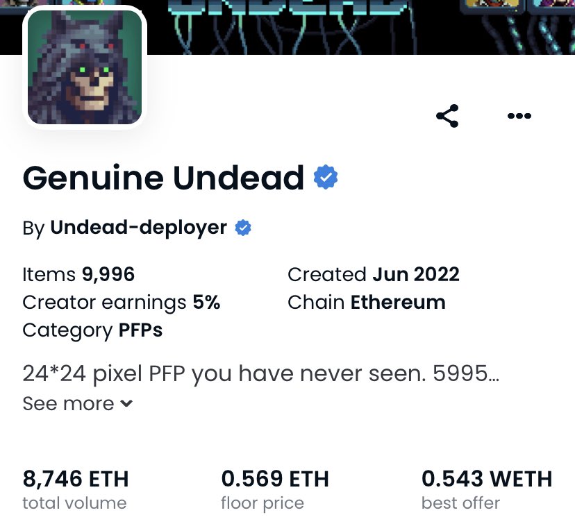 looks_rekt's tweet photo. Genuine Undead NFT giveaway ☠️

Floor price is 0.56 ETH ($719) 🎁

To enter:
• Follow with 🔔
• Like &amp; RT ✔️
• Tag 2 friends 🤝

(24 hours ⏰) good luck 👍🏻 https://t.co/nCbMwaeMSO