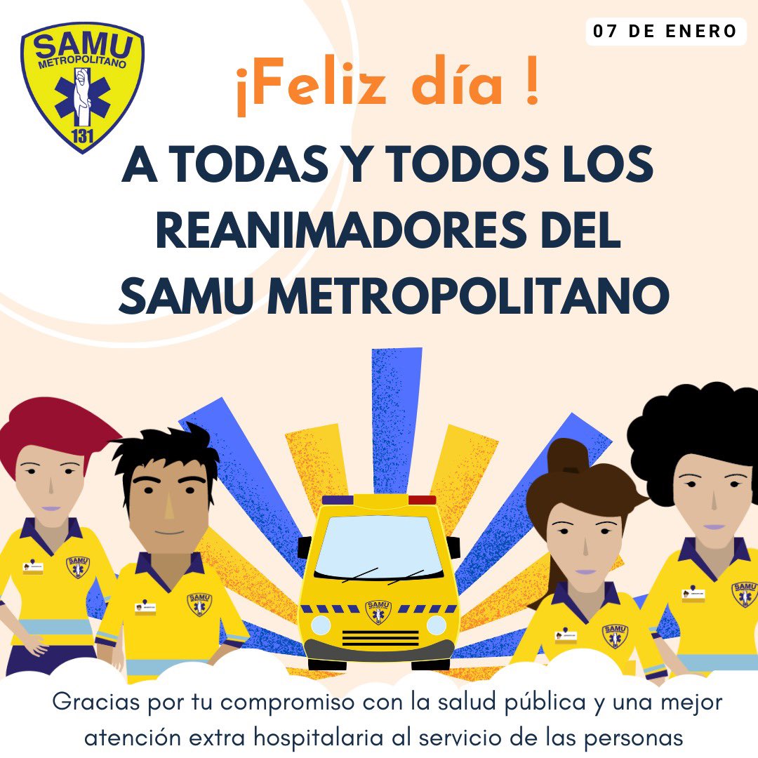 #SAMU131 🚑 Un afectuoso saludo a todas y todos los Reanimadores del SAMU, en la conmemoración de su día🙂 

Gracias a cada uno por su compromiso y por contribuir cada día a una mejor atención extra hospitalaria 🚑🚨

✨Felicidades✨

#ElSAMUdeTodos #DíadelReanimador 🫀🙌🏻