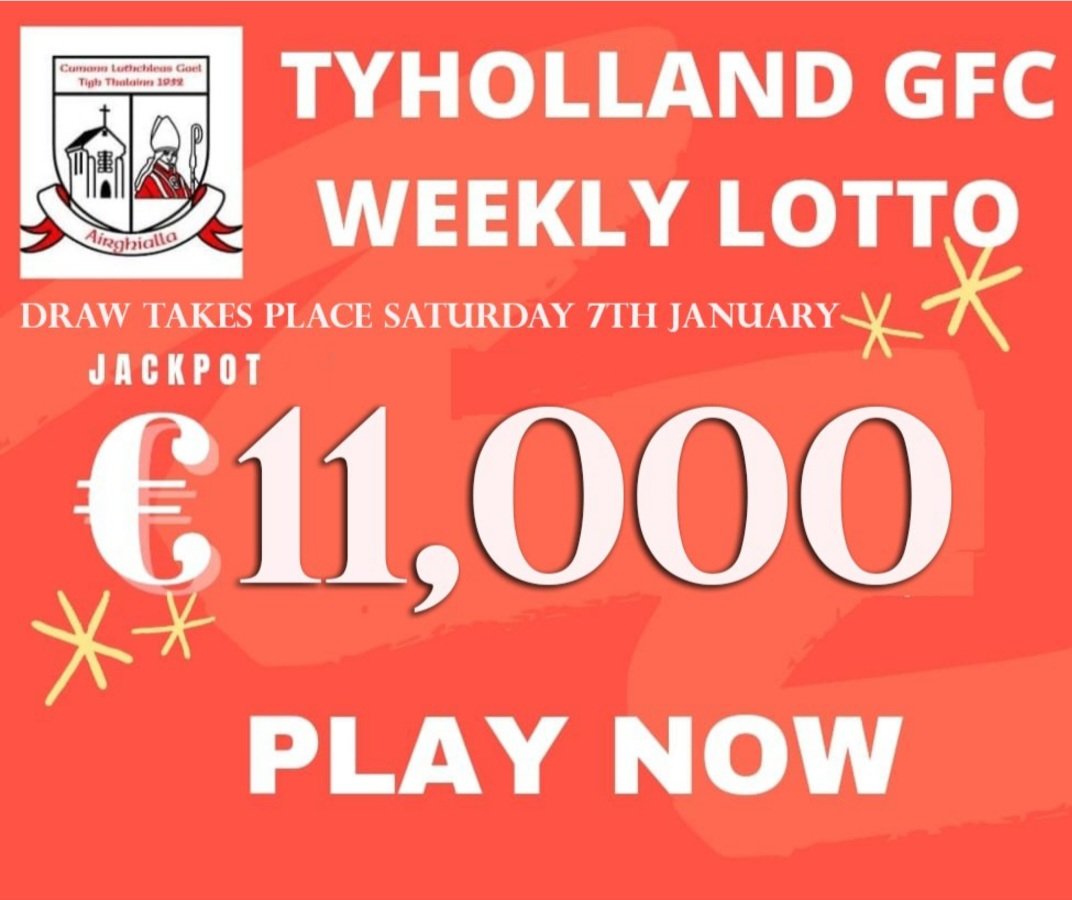 TyhollandGFC's tweet photo. ✨️✨️✨️Jackpot €11,000✨️✨️✨️

Click here  👉 https://t.co/GEWaPrKar2 to be in it to win our massive Jackpot 🤩🤩
Draw takes place tonight, Saturday 7th, after 9pm. 
Good luck folks 🍀🍀 

#tyhollandslotto #beinittowinit https://t.co/poxVNhU5bv