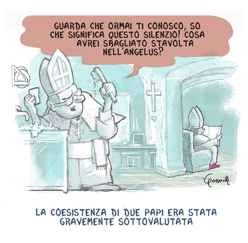 RobGrassilli's tweet photo. Questa vignetta per "Il Misfatto" l'ho disegnata subito dopo le dimissioni di Benedetto XVI, un mesetto prima del conclave che elesse papa Francesco e 45 anni dopo "La Strana Coppia".
#disegniGrassilli #vignetta #cartoon #ilfattoquotidiano #ilmisfatto #IDuePapi #paparatzinger https://t.co/YM3d14w7vU