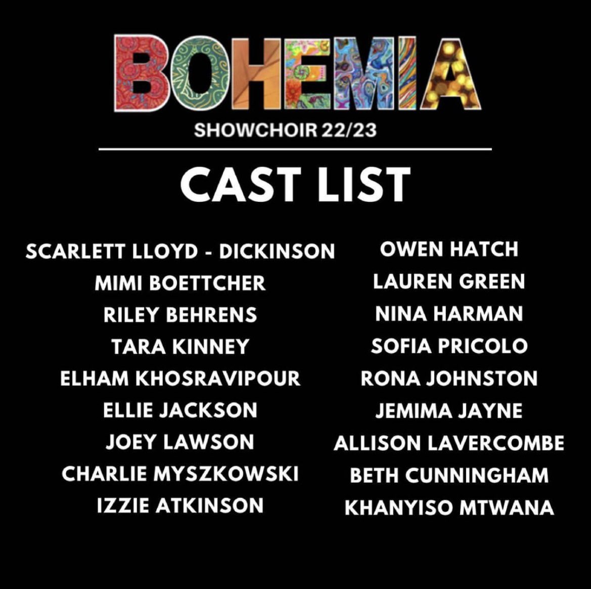 We’re so excited to announce our incredible cast for our 2023 Showchoir production ‘Bohemia’. 🌟 

Everyone is already hard at work and we can't wait to see this amazing cast in action in March!🤩💗