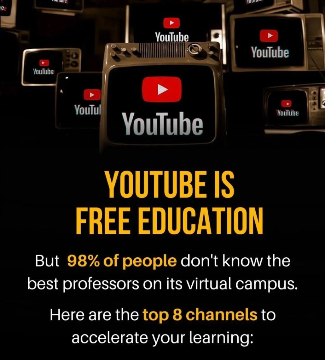 thesigmamindset's tweet photo. YOUTUBE IS FREE EDUCATION

But 98% of people don't know the best professors on its virtual campus.

Here are the top 8 channels to accelerate your learning: https://t.co/ZsILk4urhm
